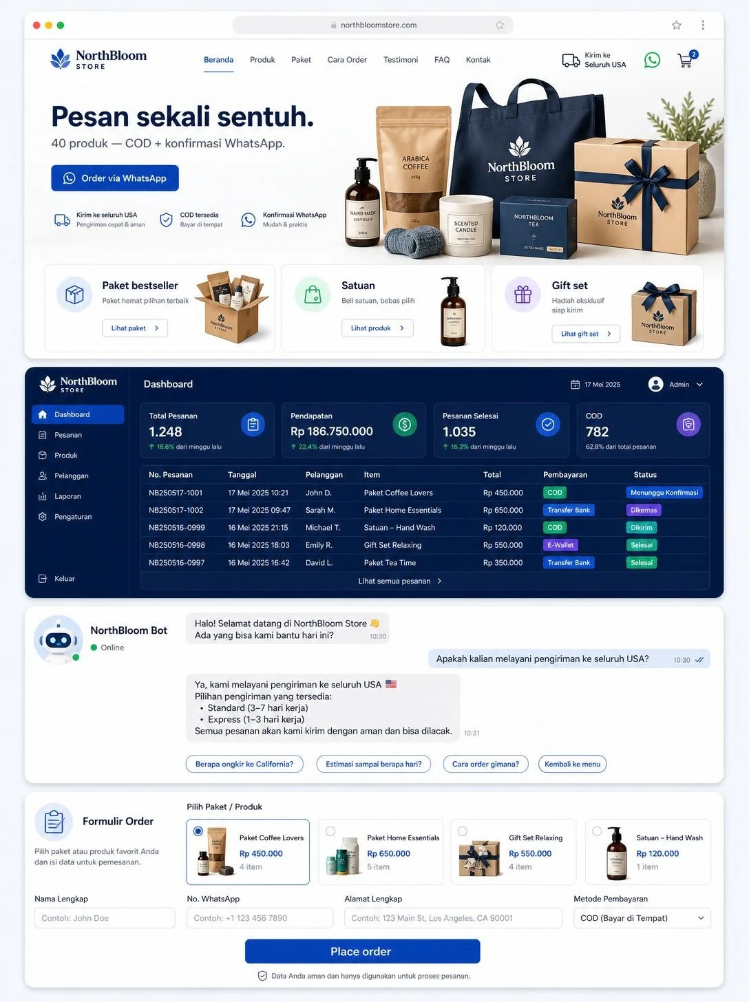 Mockup website NorthBloom Store (Online Store): halaman utama, panel pemilik, chatbot, dan booking otomatis