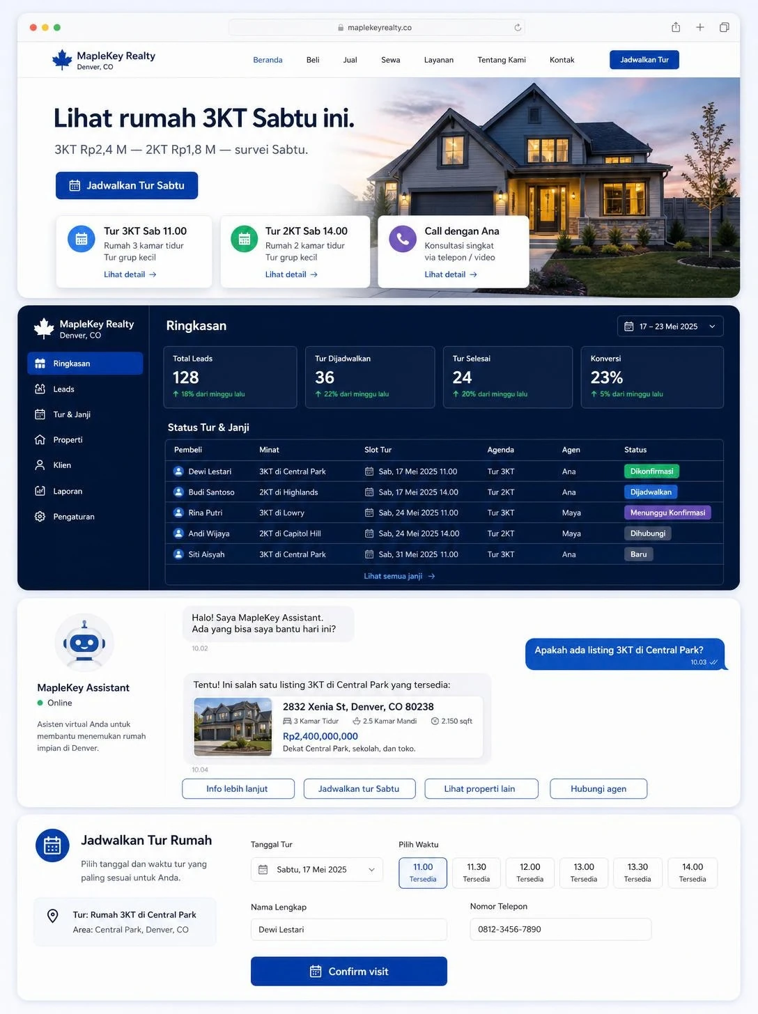 Mockup website MapleKey Realty (Real Estate): halaman utama, panel pemilik, chatbot, dan booking otomatis